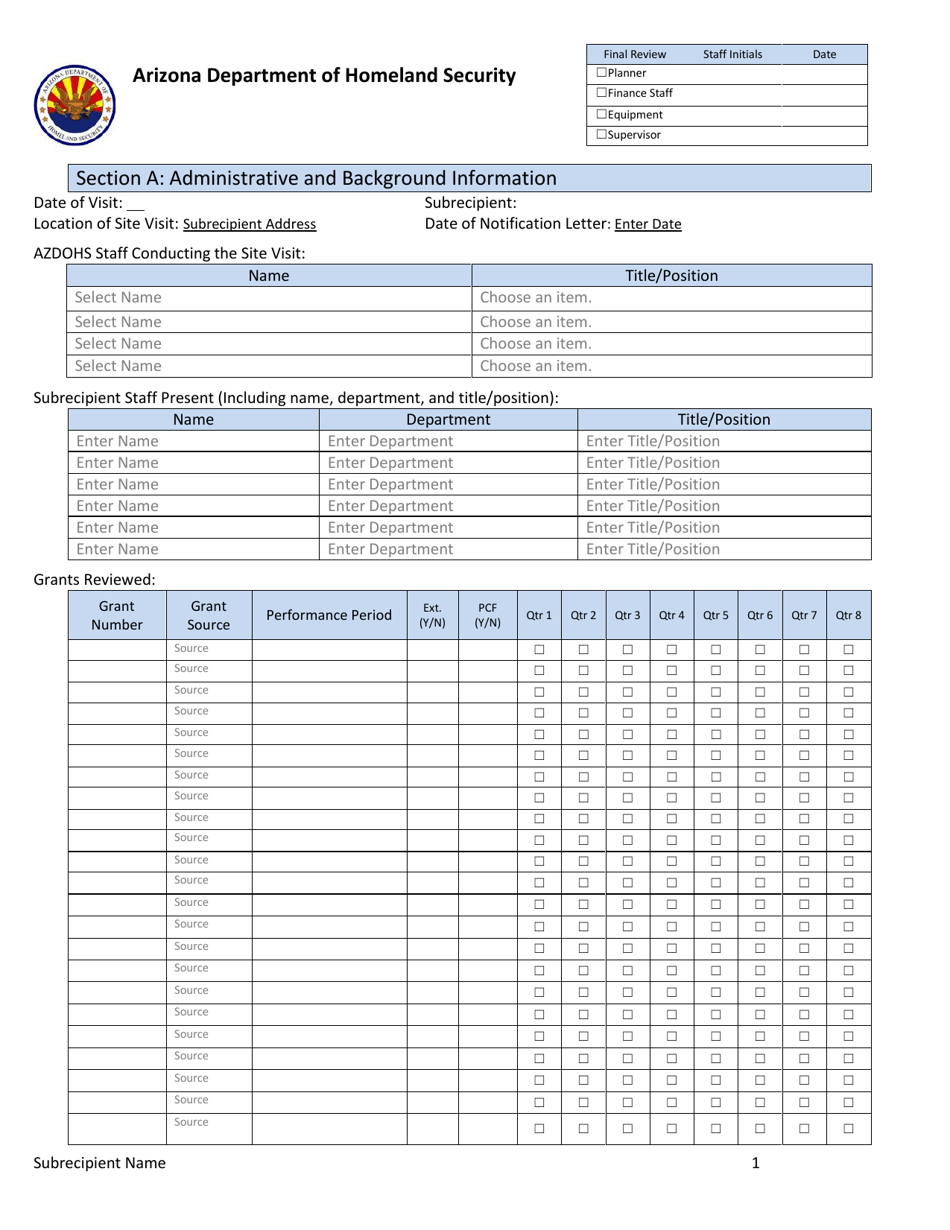 Azdohs Site Monitoring Form - Arizona, Page 1