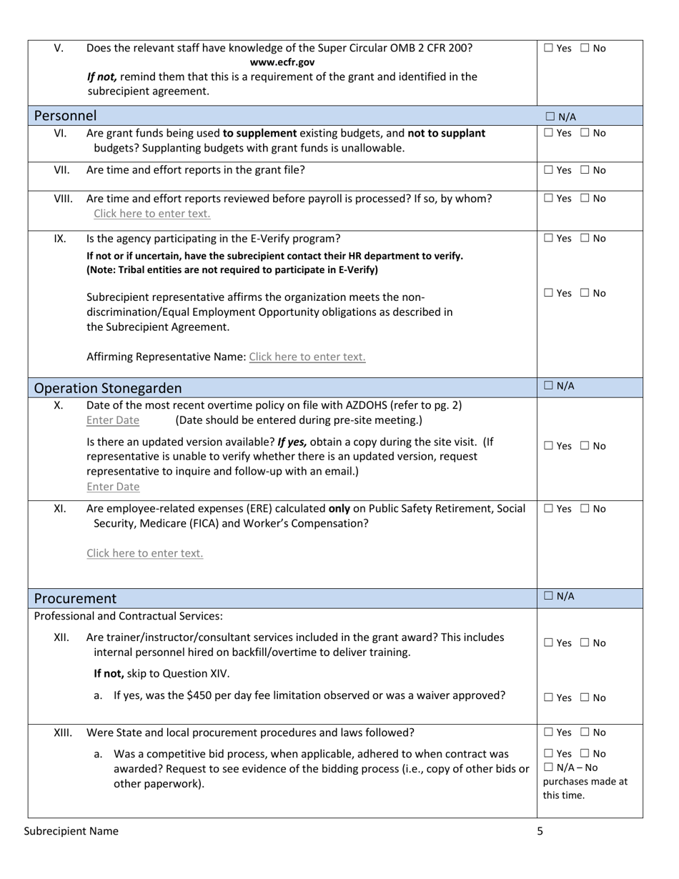 Azdohs Site Monitoring Form - Arizona, Page 5