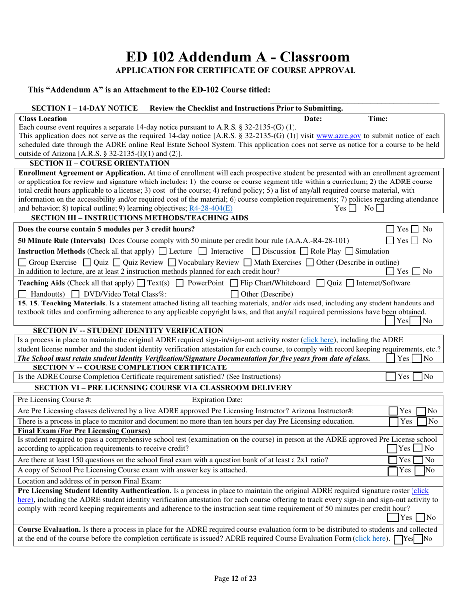 Form ED-102-CE / DL / HR / OPCW Continuing Education / Contract Writing Certificate of Course Approval Application - Classroom / Distance Learning / Host Remote Live Streaming - Arizona, Page 12