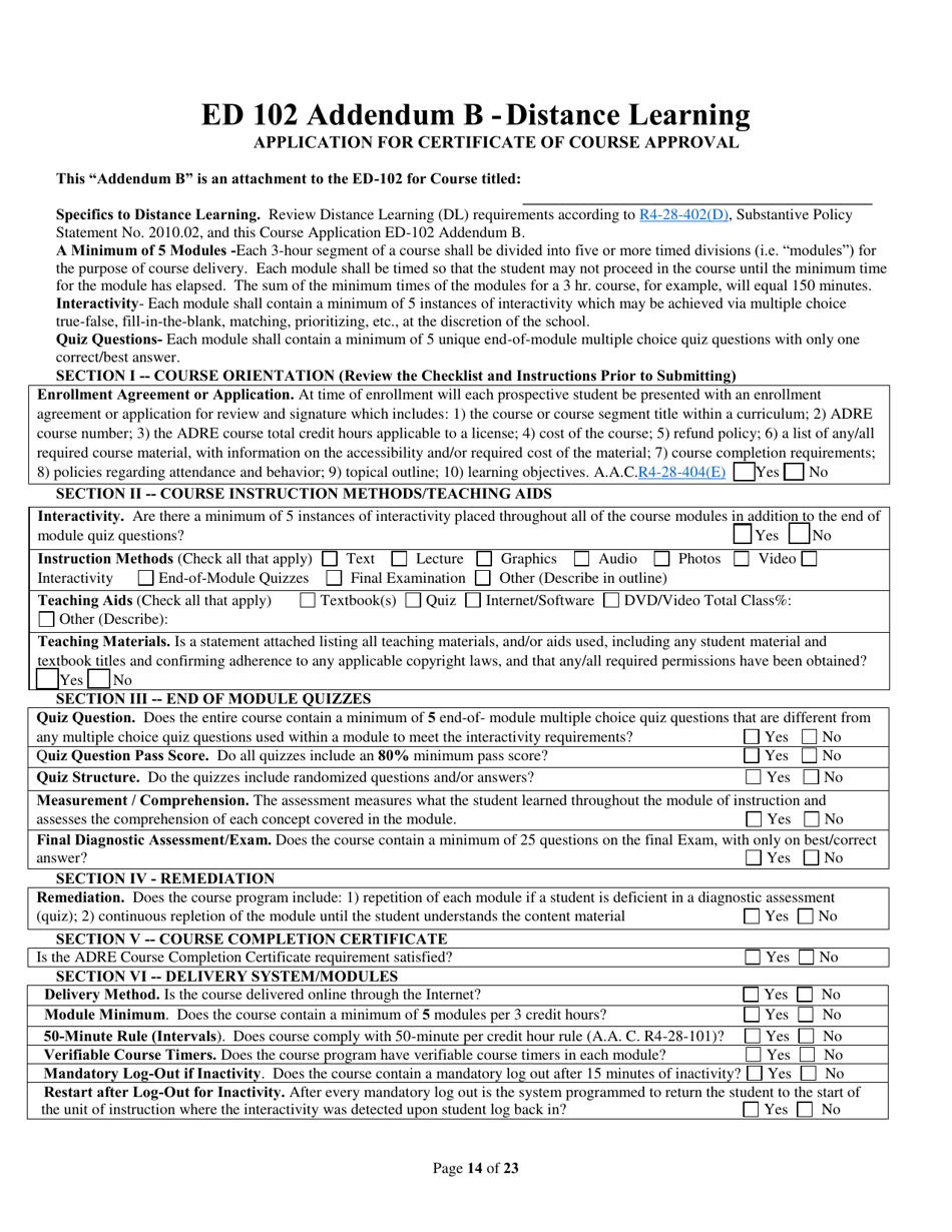 Form ED-102-CE / DL / HR / OPCW Continuing Education / Contract Writing Certificate of Course Approval Application - Classroom / Distance Learning / Host Remote Live Streaming - Arizona, Page 14