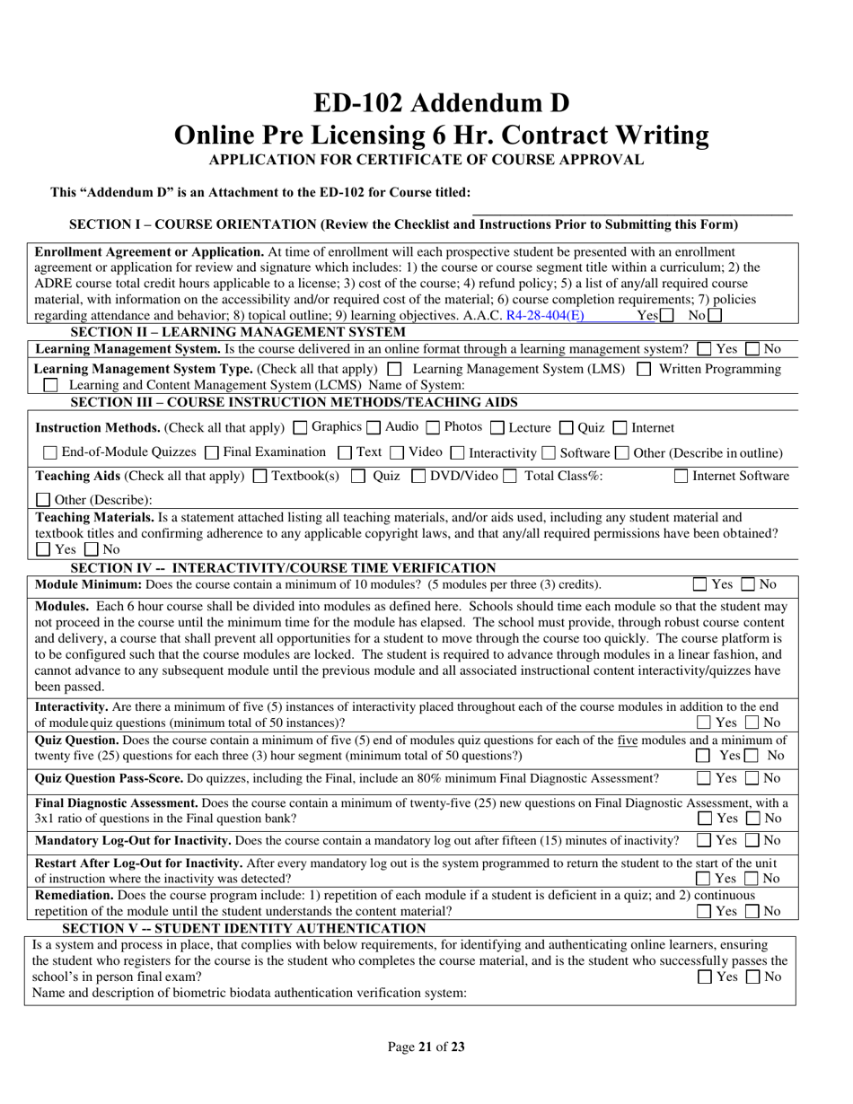 Form ED-102-CE / DL / HR / OPCW Continuing Education / Contract Writing Certificate of Course Approval Application - Classroom / Distance Learning / Host Remote Live Streaming - Arizona, Page 21