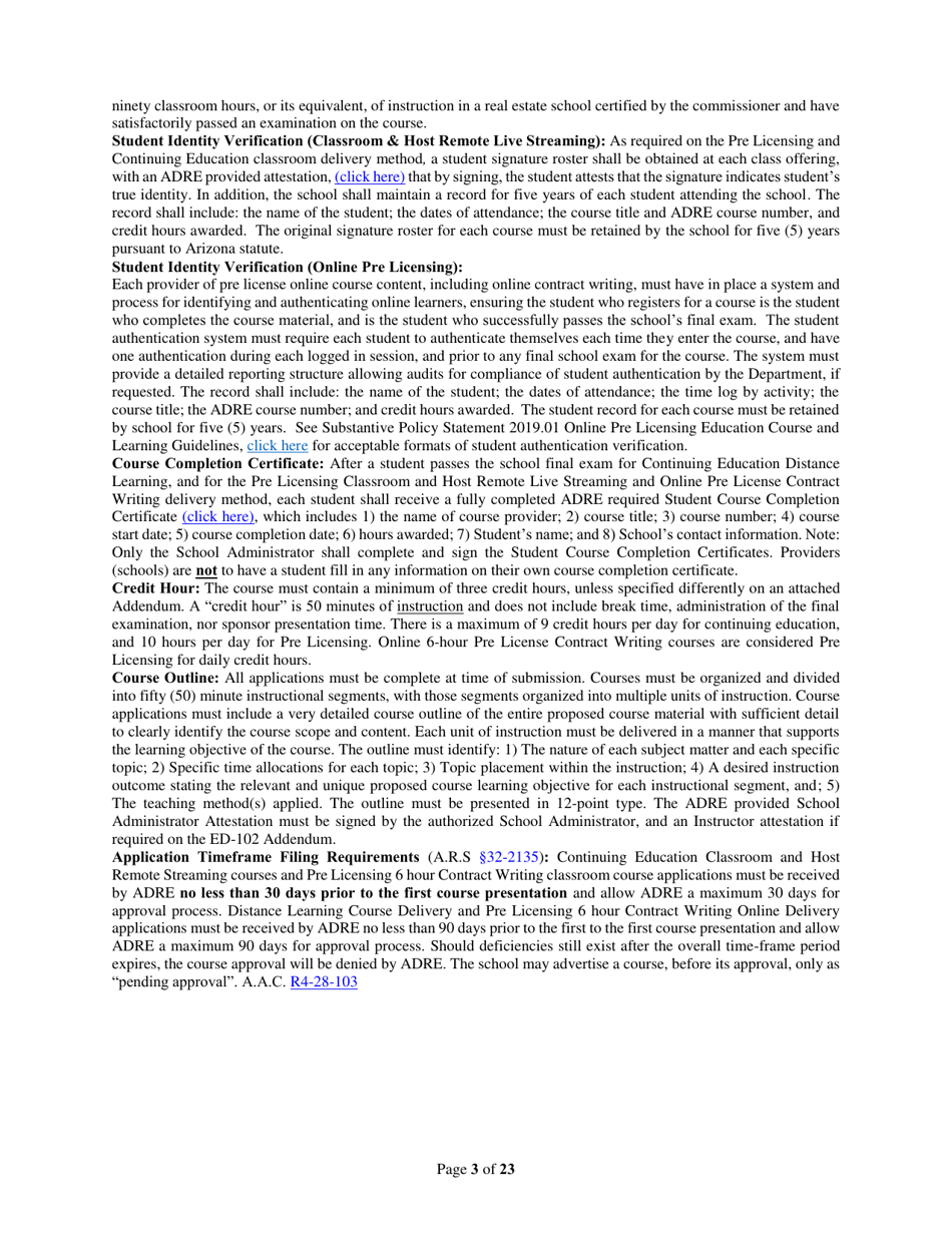 Form ED-102-CE / DL / HR / OPCW Continuing Education / Contract Writing Certificate of Course Approval Application - Classroom / Distance Learning / Host Remote Live Streaming - Arizona, Page 3