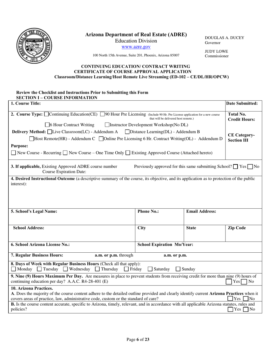 Form ED-102-CE / DL / HR / OPCW Continuing Education / Contract Writing Certificate of Course Approval Application - Classroom / Distance Learning / Host Remote Live Streaming - Arizona, Page 6