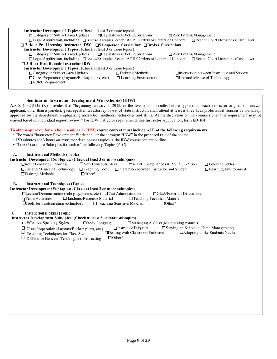 Form ED-102-CE / DL / HR / OPCW Continuing Education / Contract Writing Certificate of Course Approval Application - Classroom / Distance Learning / Host Remote Live Streaming - Arizona, Page 9