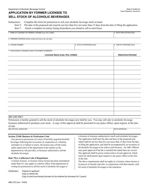 Form ABC-273 Application by Former Licensee to Sell Stock of Alcoholic Beverages - California
