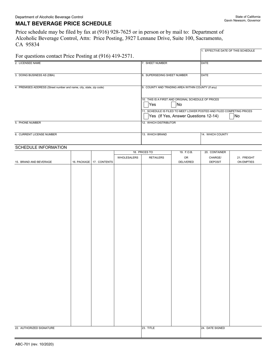 Form ABC-701 Download Fillable PDF or Fill Online Malt Beverage Price ...