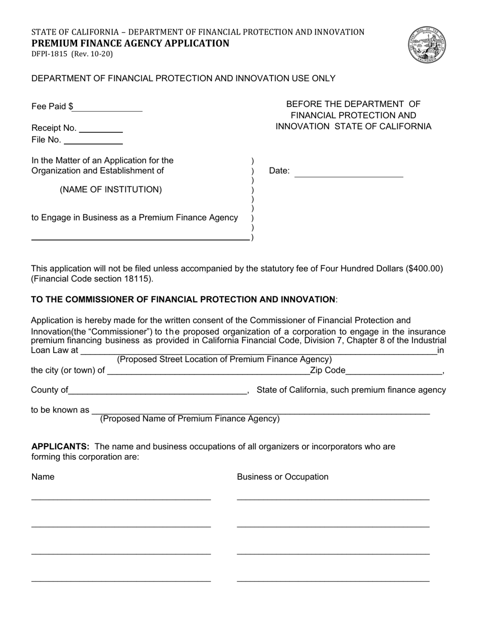 Form DFPI-1815 Premium Finance Agency Application - California, Page 1