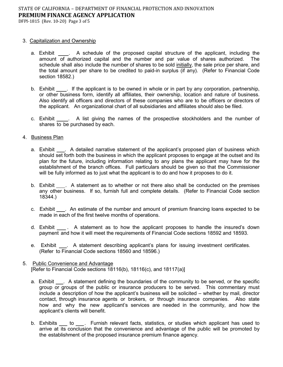Form DFPI-1815 Premium Finance Agency Application - California, Page 3