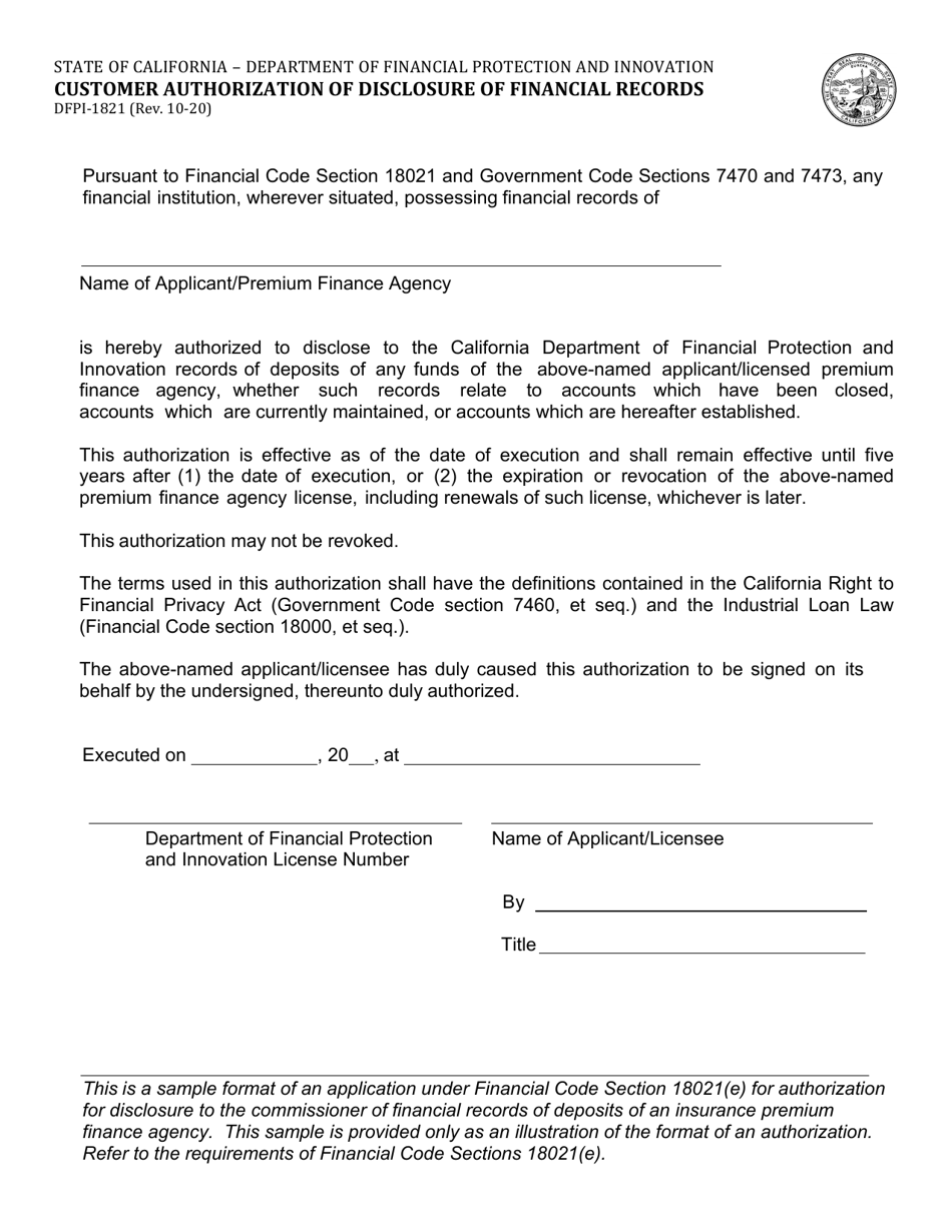 Form DFPI-1821 Customer Authorization of Disclosure of Financial Records - California, Page 1