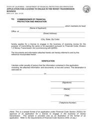 Document preview: Form DFPI-2110 Application for a License to Engage in the Money Transmission Business - California