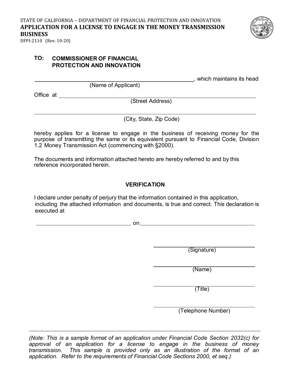 Form DFPI-2110 Application for a License to Engage in the Money Transmission Business - California, Page 1