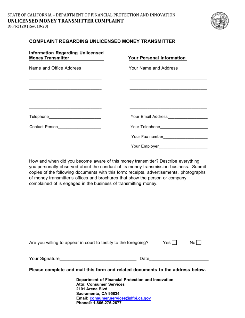 Form DFPI-2120 Unlicensed Money Transmitter Complaint - California, Page 1