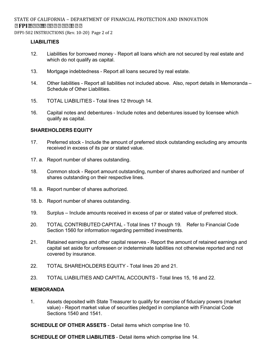 Instructions for Form DFPI-502 Trust Company Consolidated Report of Condition - California, Page 2