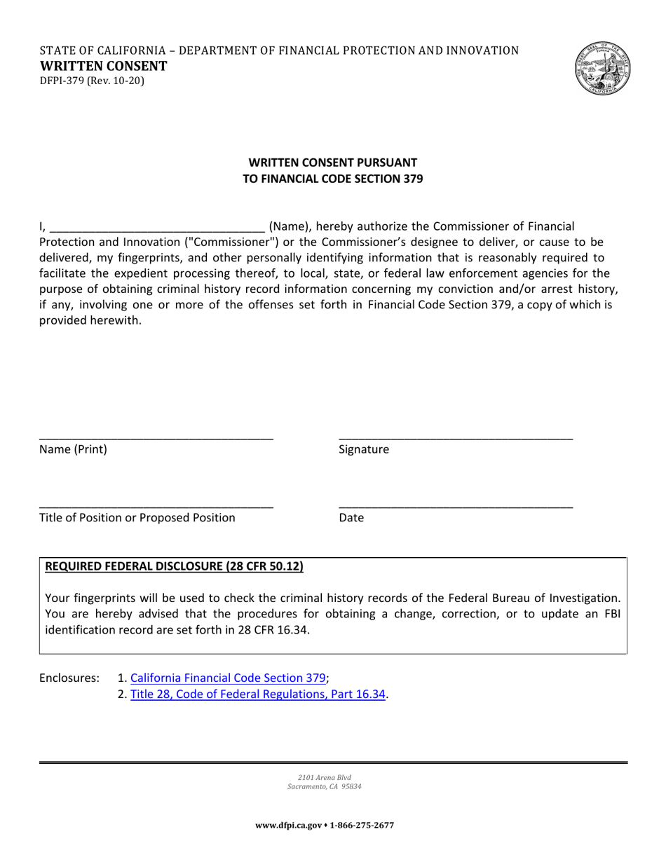 Form DFPI-379 Written Consent Pursuant to Financial Code Section 379 - California, Page 1