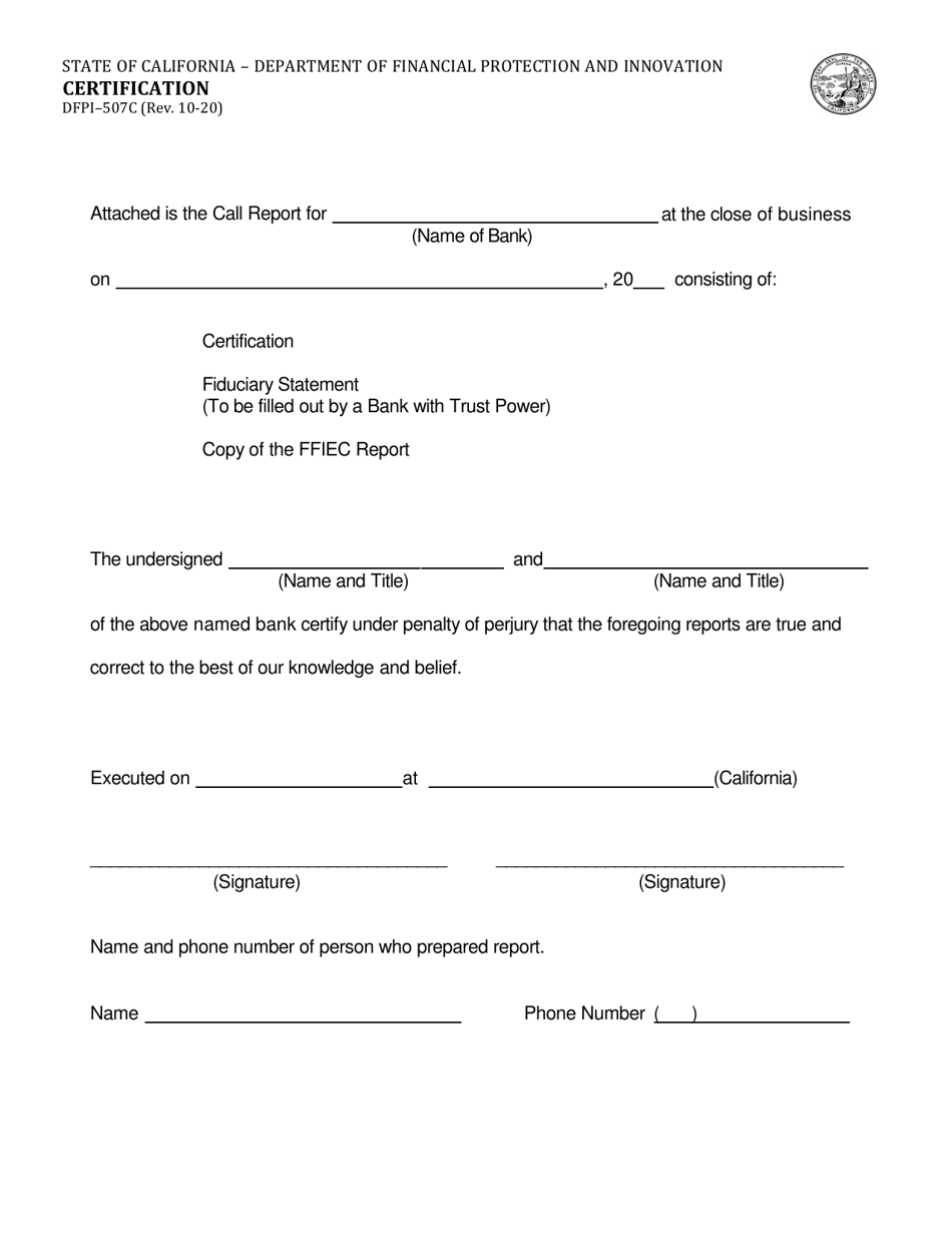 Form DFPI-507C Certification - California, Page 1