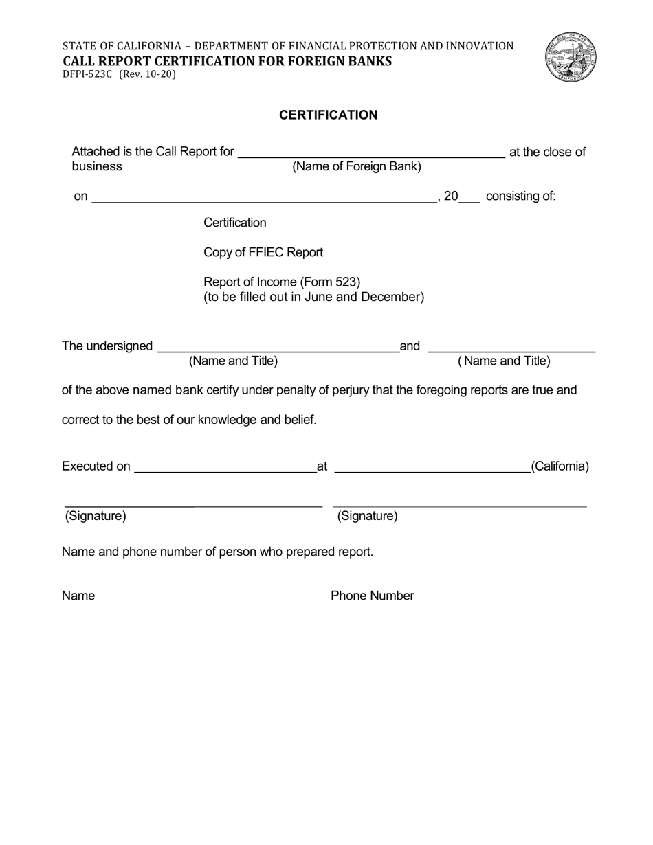 Form DFPI-523C Call Report Certification for Foreign Banks - California, Page 1