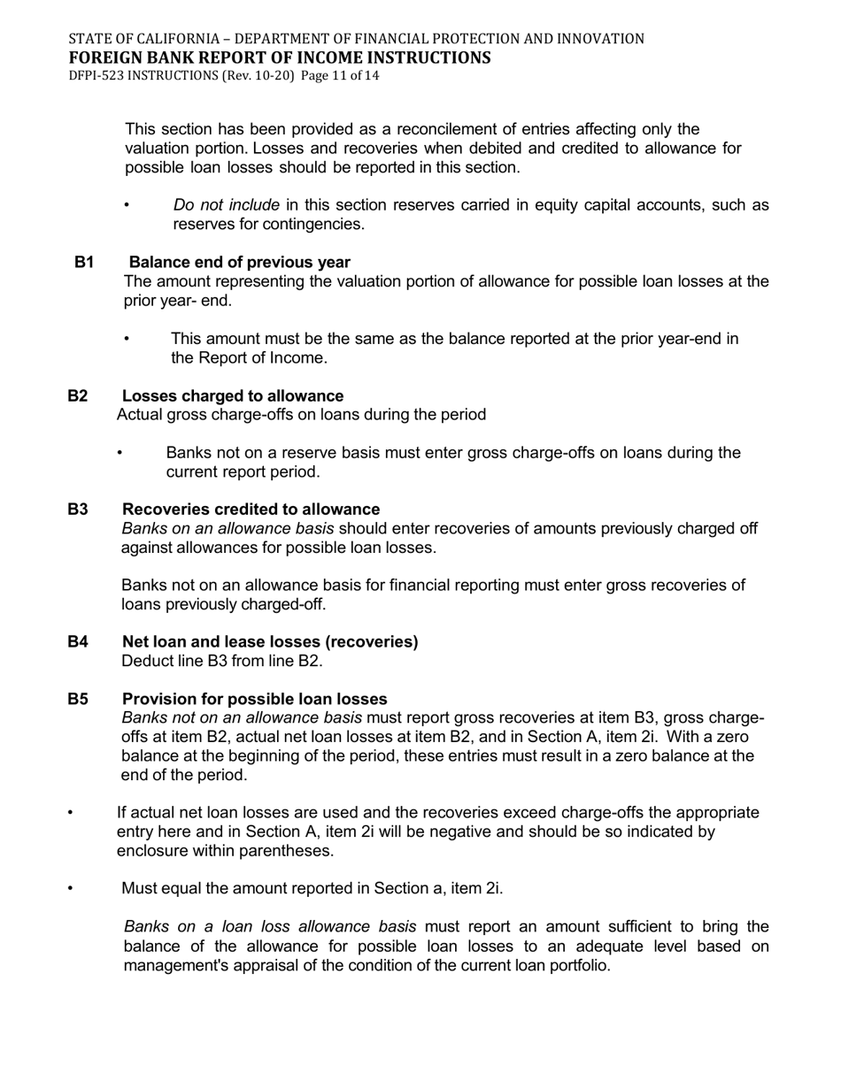 Instructions for Form DFPI-523 Foreign Bank Report of Income - California, Page 11