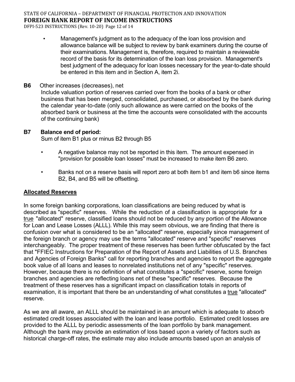 Instructions for Form DFPI-523 Foreign Bank Report of Income - California, Page 12