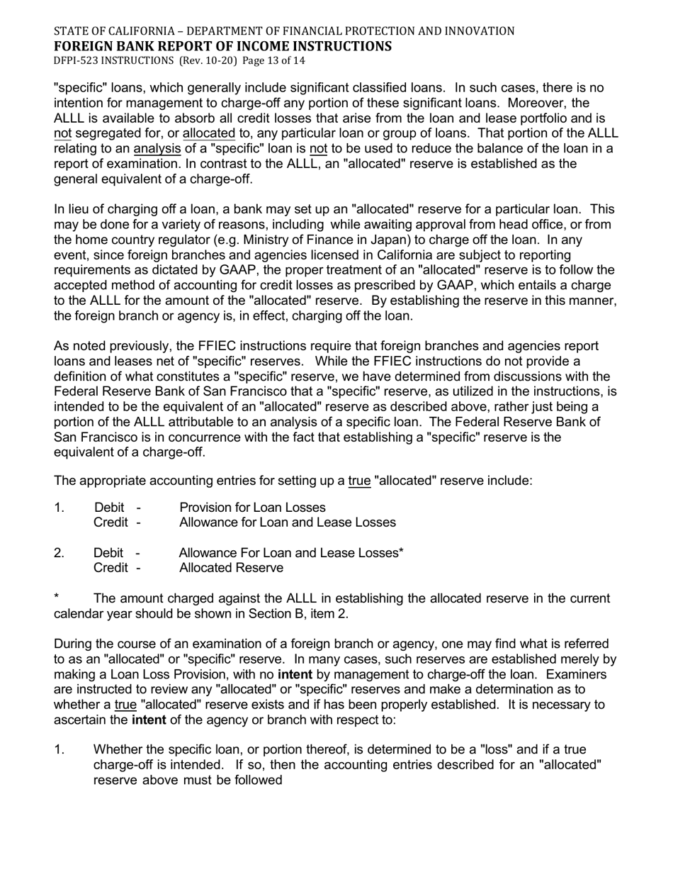 Instructions for Form DFPI-523 Foreign Bank Report of Income - California, Page 13