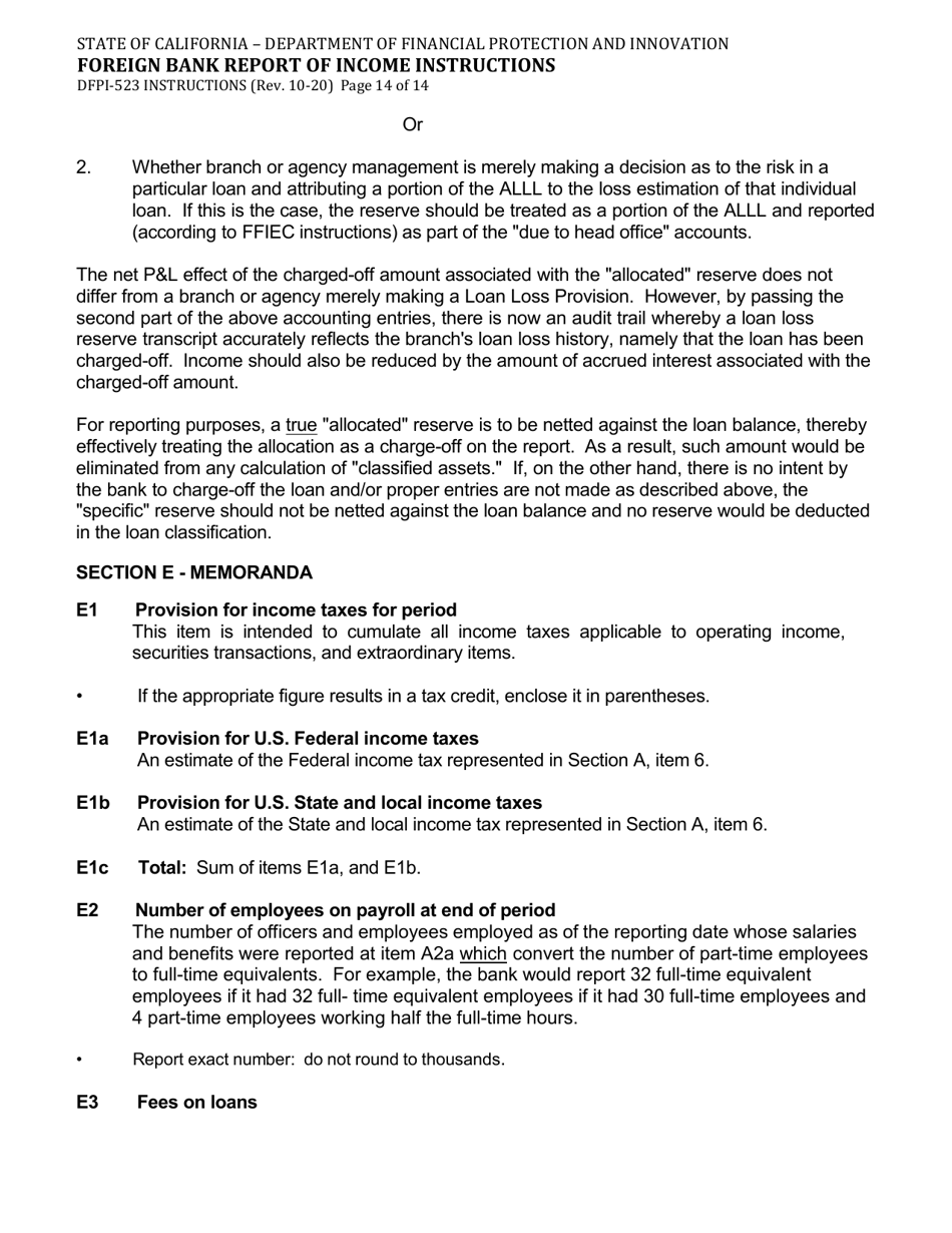 Instructions for Form DFPI-523 Foreign Bank Report of Income - California, Page 14