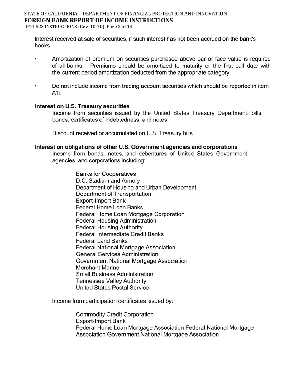 Instructions for Form DFPI-523 Foreign Bank Report of Income - California, Page 3