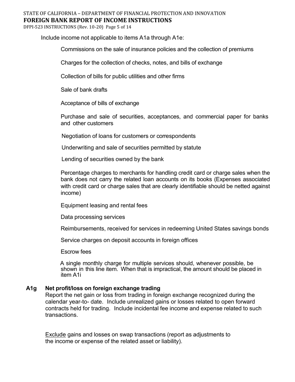 Instructions for Form DFPI-523 Foreign Bank Report of Income - California, Page 5