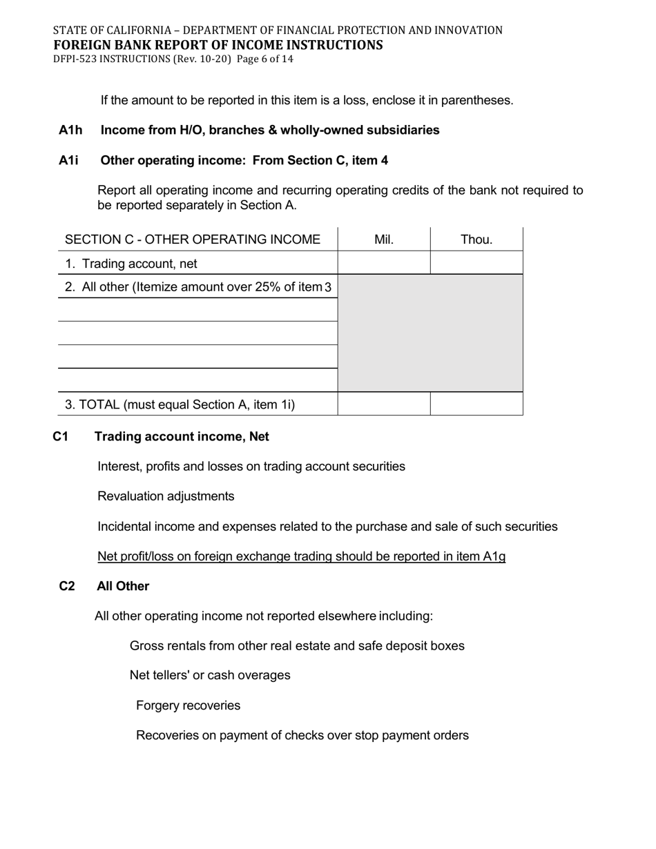 Instructions for Form DFPI-523 Foreign Bank Report of Income - California, Page 6