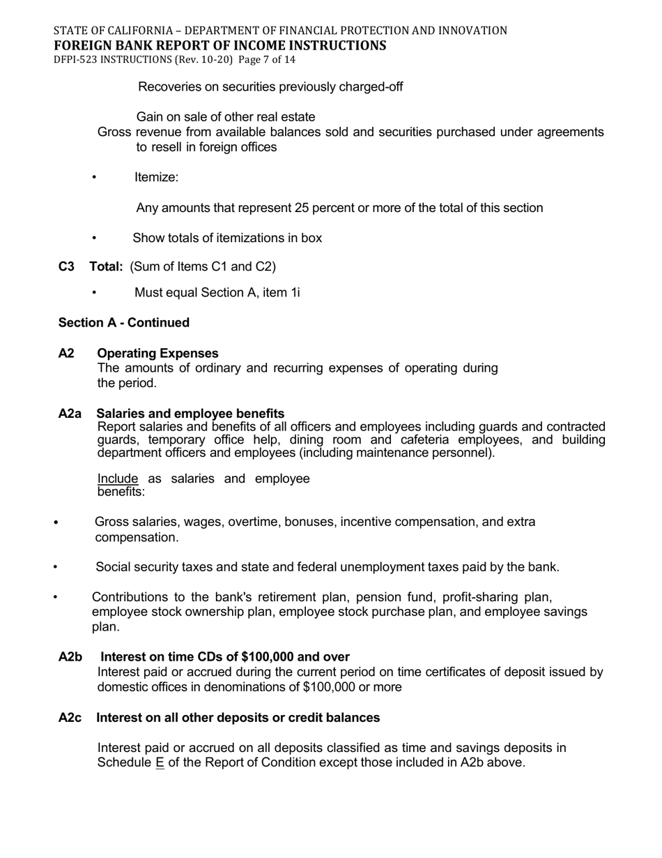 Instructions for Form DFPI-523 Foreign Bank Report of Income - California, Page 7