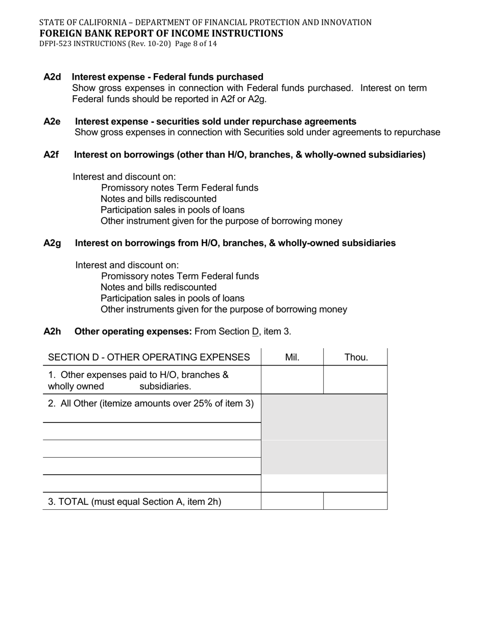 Instructions for Form DFPI-523 Foreign Bank Report of Income - California, Page 8