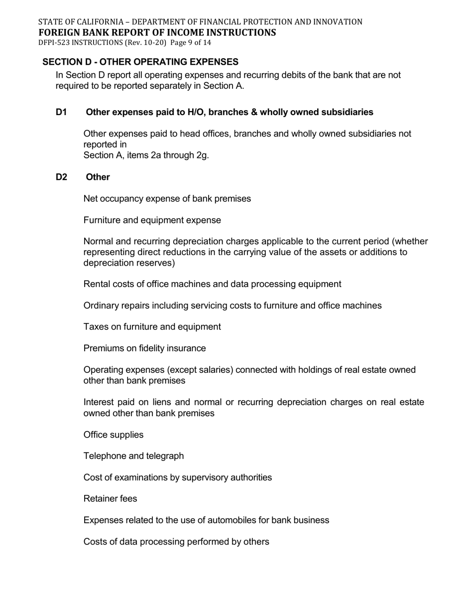 Instructions for Form DFPI-523 Foreign Bank Report of Income - California, Page 9