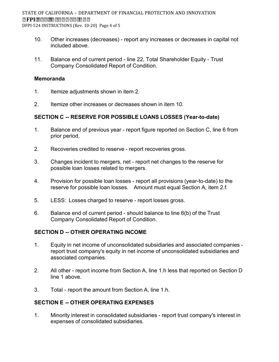 Instructions for Form DFPI-524 Trust Company Consolidated Report of Income - California, Page 4