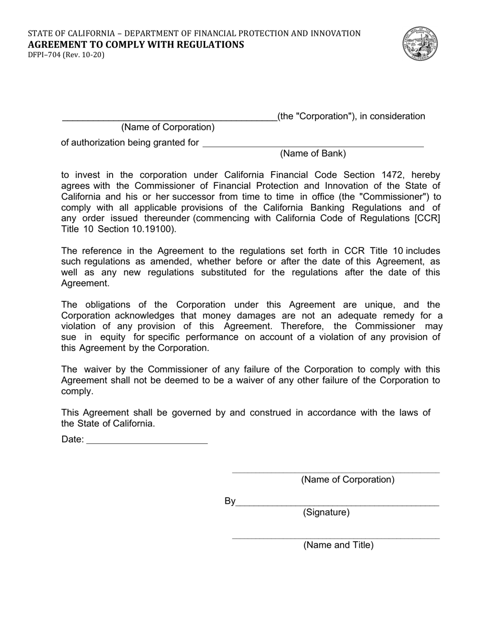 Form DFPI-704 Agreement to Comply With Regulations - California, Page 1