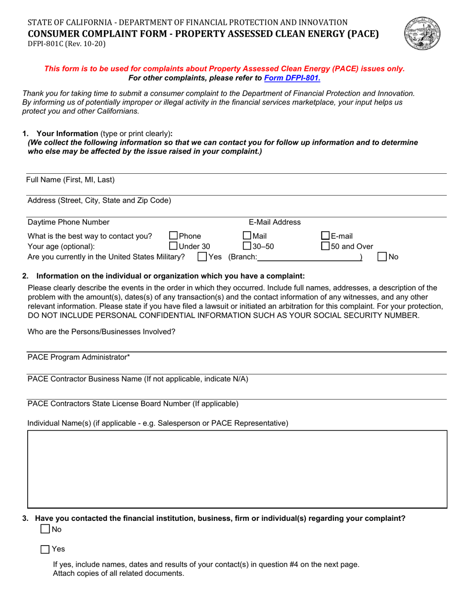 Form DFPI-801C Consumer Complaint Form - Property Assessed Clean Energy (Pace) - California, Page 1