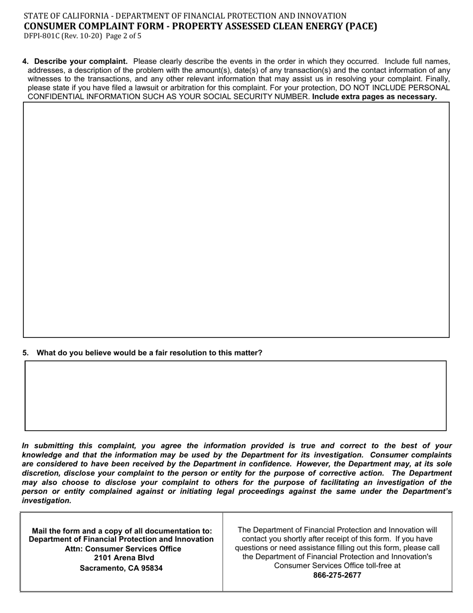 Form DFPI-801C Consumer Complaint Form - Property Assessed Clean Energy (Pace) - California, Page 2
