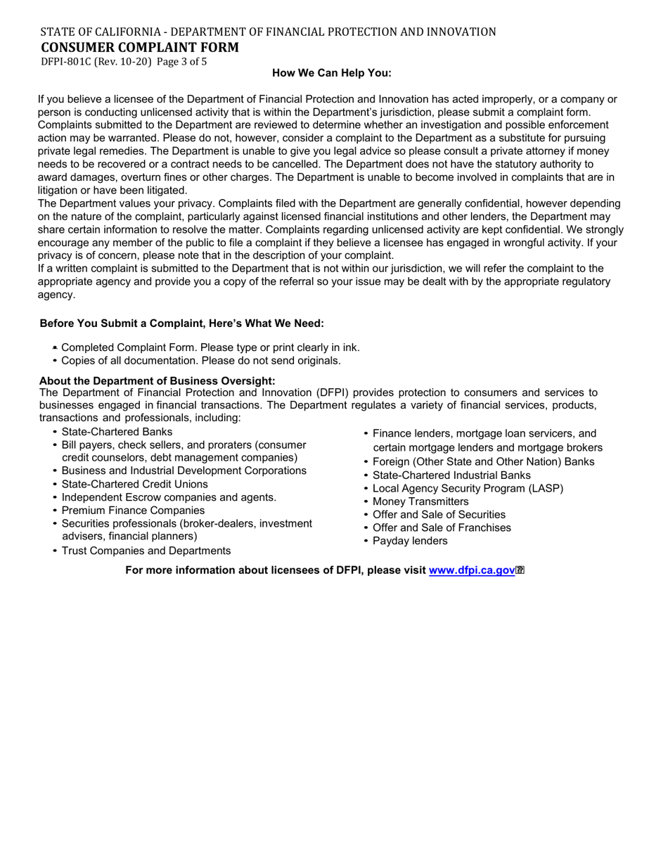 Form DFPI-801C Consumer Complaint Form - Property Assessed Clean Energy (Pace) - California, Page 3