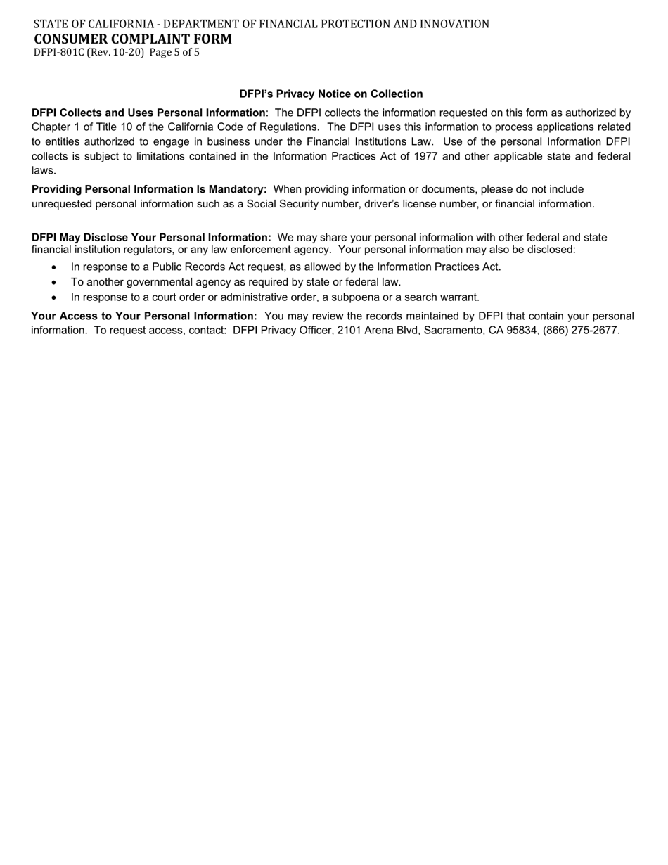 Form DFPI-801C Consumer Complaint Form - Property Assessed Clean Energy (Pace) - California, Page 5