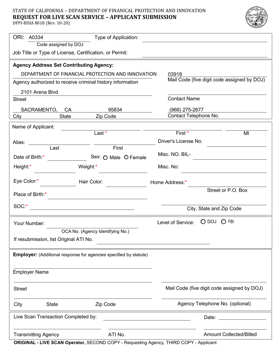 Form DFPI-BDIA8018 Request for Live Scan Service - Applicant Submission - California, Page 1