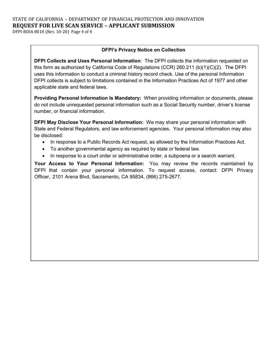 Form DFPI-BDIA8018 Request for Live Scan Service - Applicant Submission - California, Page 4