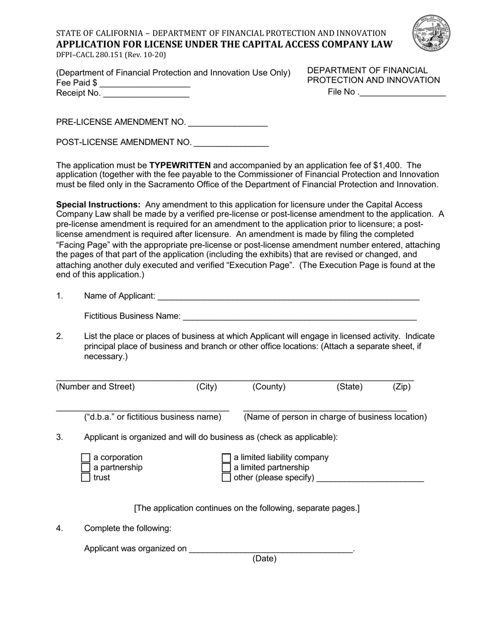 Form DFPI-CACL280.151 Application for License Under the Capital Access Company Law - California, Page 1