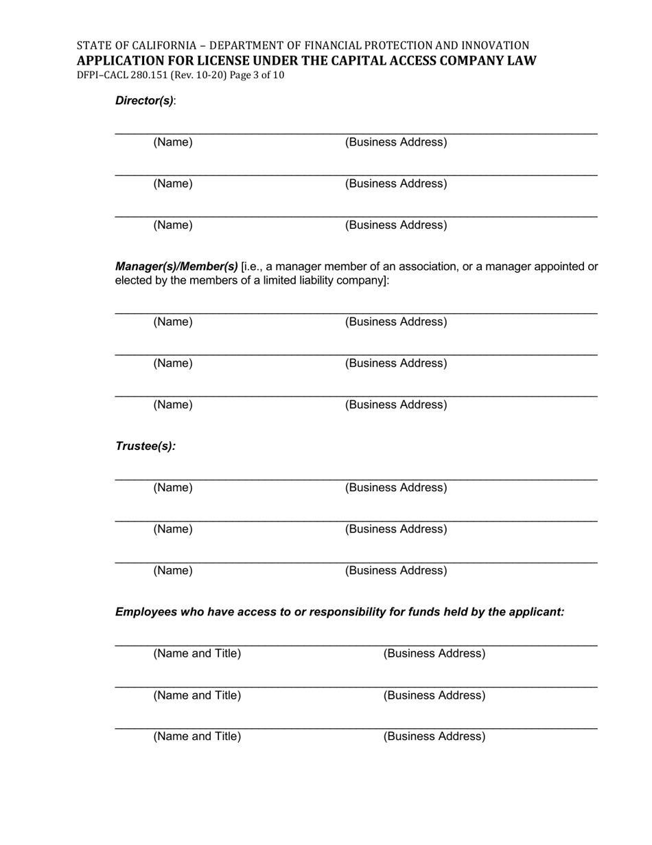 Form DFPI-CACL280.151 Application for License Under the Capital Access Company Law - California, Page 3
