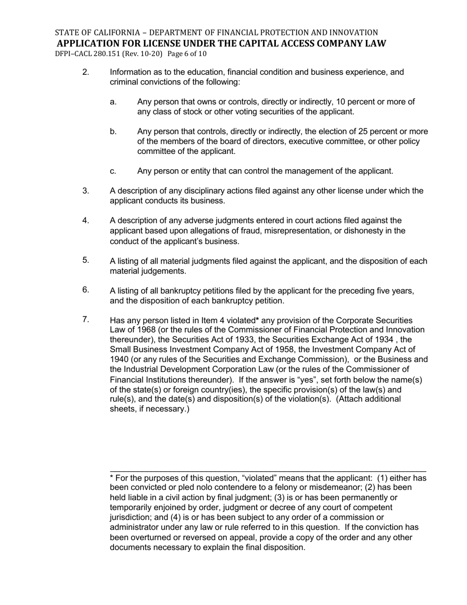 Form DFPI-CACL280.151 Application for License Under the Capital Access Company Law - California, Page 6