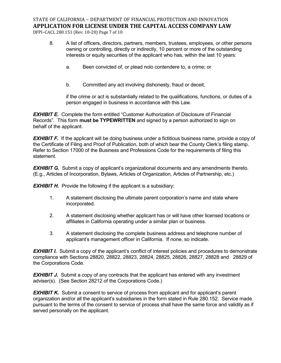 Form DFPI-CACL280.151 Application for License Under the Capital Access Company Law - California, Page 7