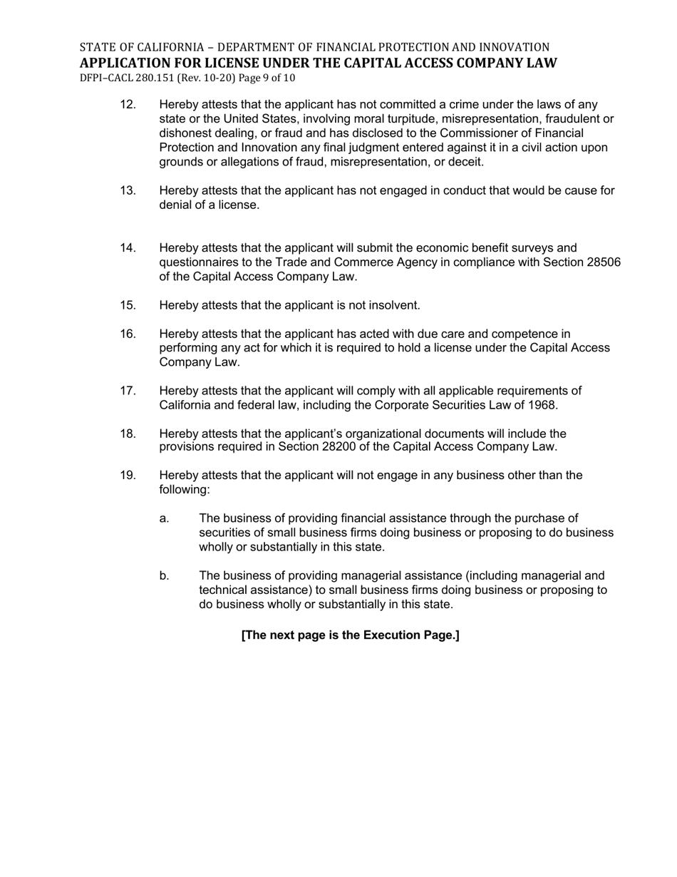 Form DFPI-CACL280.151 Application for License Under the Capital Access Company Law - California, Page 9