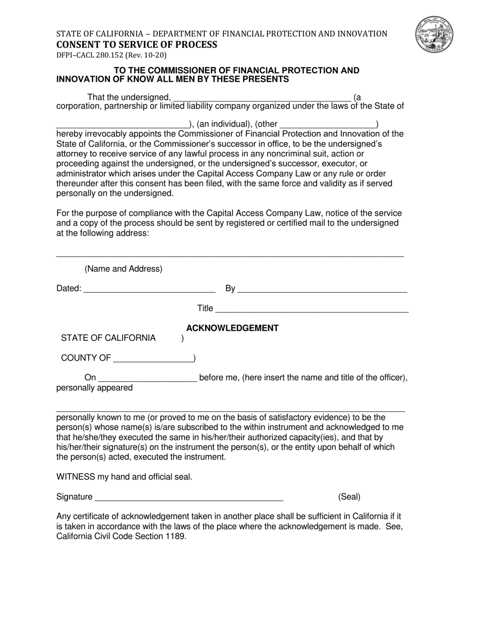 Form DFPI-CACL280.152 Consent to Service of Process - California, Page 1