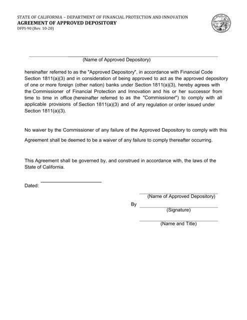 Form DFPI-90 Agreement of Approved Depository - California
