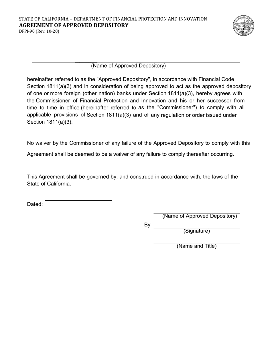 Form DFPI-90 Agreement of Approved Depository - California, Page 1