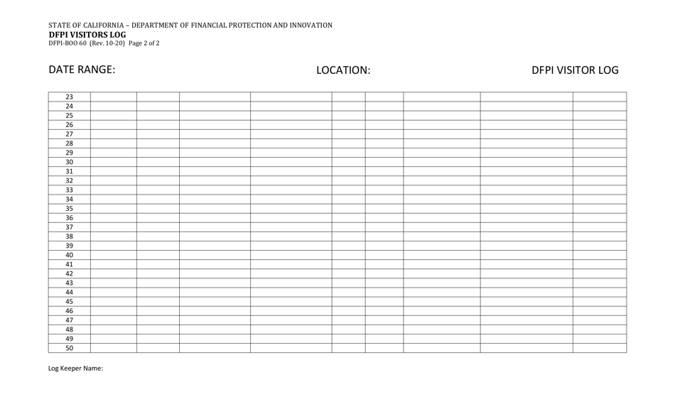 Form DFPI-BOO60 Dfpi Visitors Log - California, Page 2
