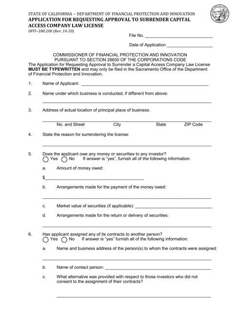 Form DFPI-280.200 Application for Requesting Approval to Surrender Capital Access Company Law License - California