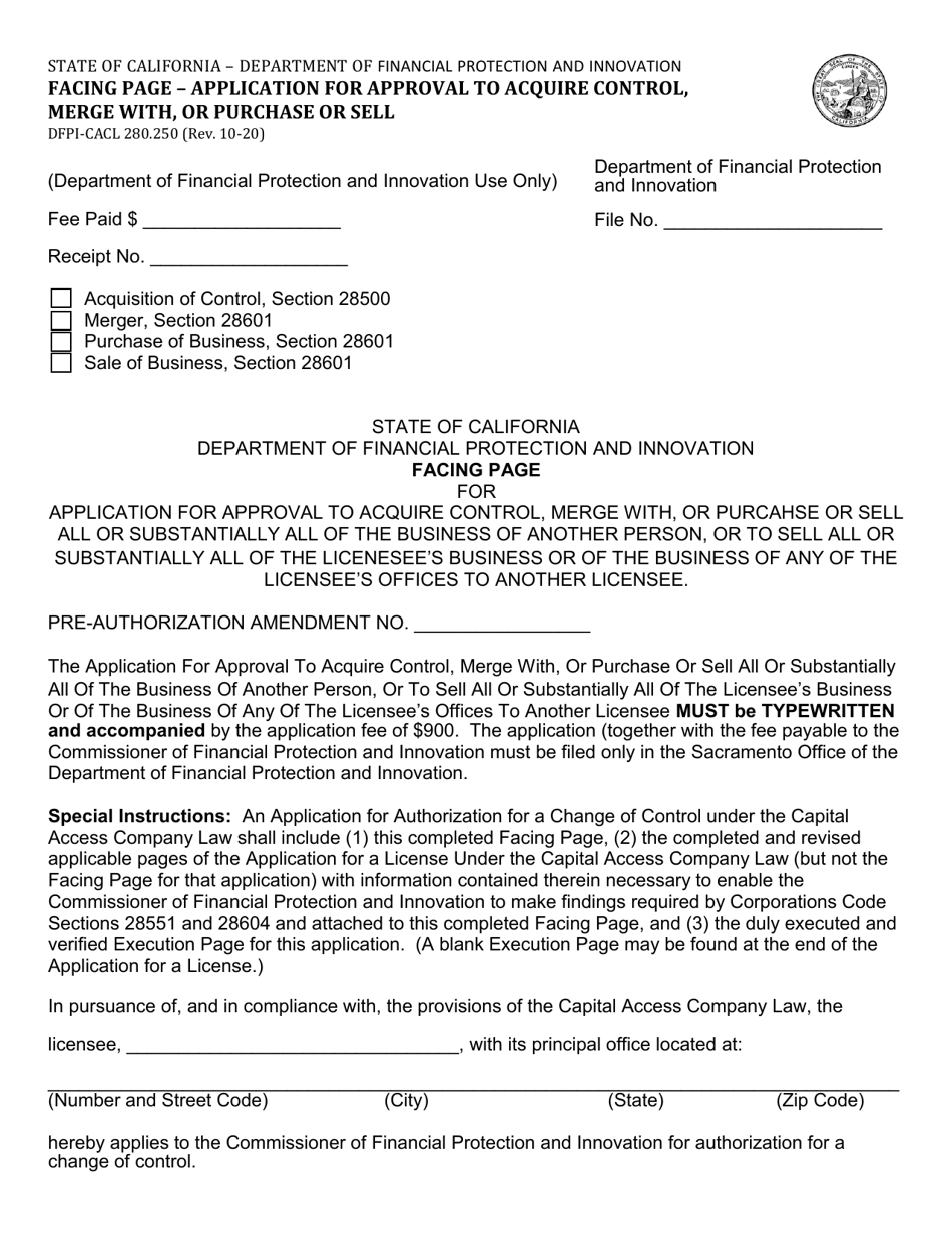 Form DFPI-CACL280.250 Application for Approval to Acquire Control, Merge With, or Purchase or Sell - California, Page 1