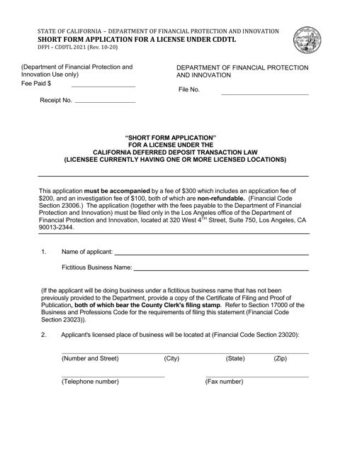 Form DFPI-CDDTL2021 Short Form Application for a License Under Cddtl - California